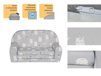 Sofka Dziecięca Mini Kanapa Łóżko Śpiący Jednorożec Szary - 5